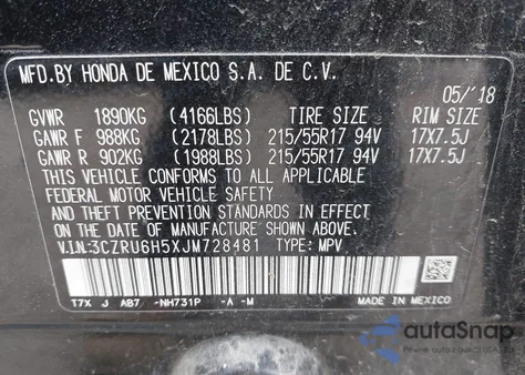 2018 Honda Hr-V Ex from USA, damaged, VIN 3CZRU6H5XJM728481